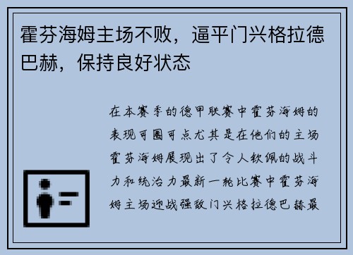 霍芬海姆主场不败，逼平门兴格拉德巴赫，保持良好状态