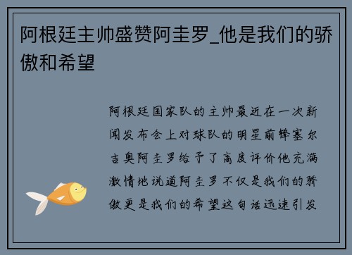 阿根廷主帅盛赞阿圭罗_他是我们的骄傲和希望