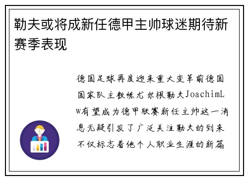 勒夫或将成新任德甲主帅球迷期待新赛季表现