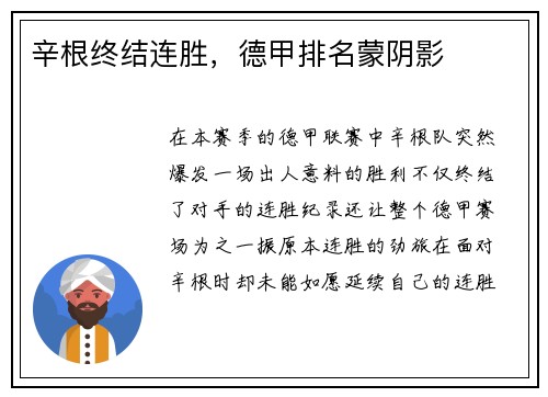 辛根终结连胜，德甲排名蒙阴影