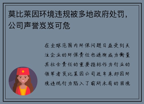莫比莱因环境违规被多地政府处罚，公司声誉岌岌可危