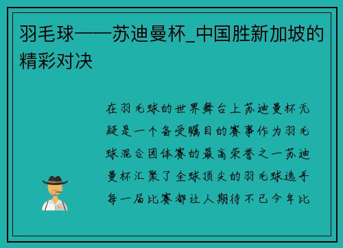 羽毛球——苏迪曼杯_中国胜新加坡的精彩对决