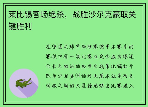 莱比锡客场绝杀，战胜沙尔克豪取关键胜利