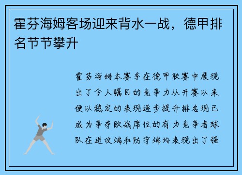 霍芬海姆客场迎来背水一战，德甲排名节节攀升