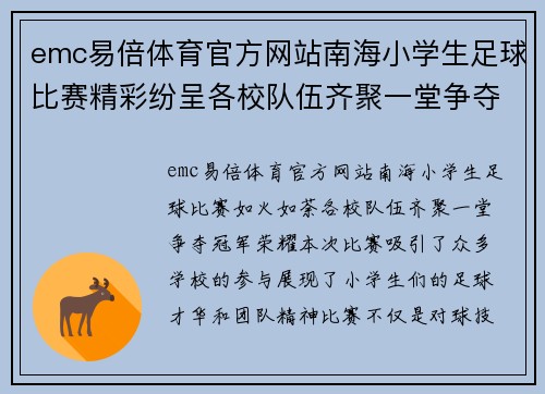 emc易倍体育官方网站南海小学生足球比赛精彩纷呈各校队伍齐聚一堂争夺冠军荣耀