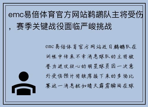 emc易倍体育官方网站鹈鹕队主将受伤，赛季关键战役面临严峻挑战