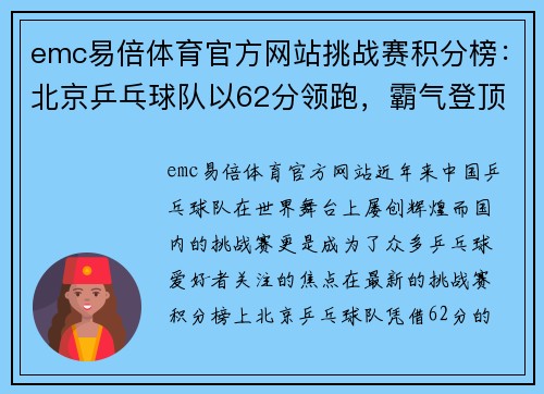 emc易倍体育官方网站挑战赛积分榜：北京乒乓球队以62分领跑，霸气登顶！